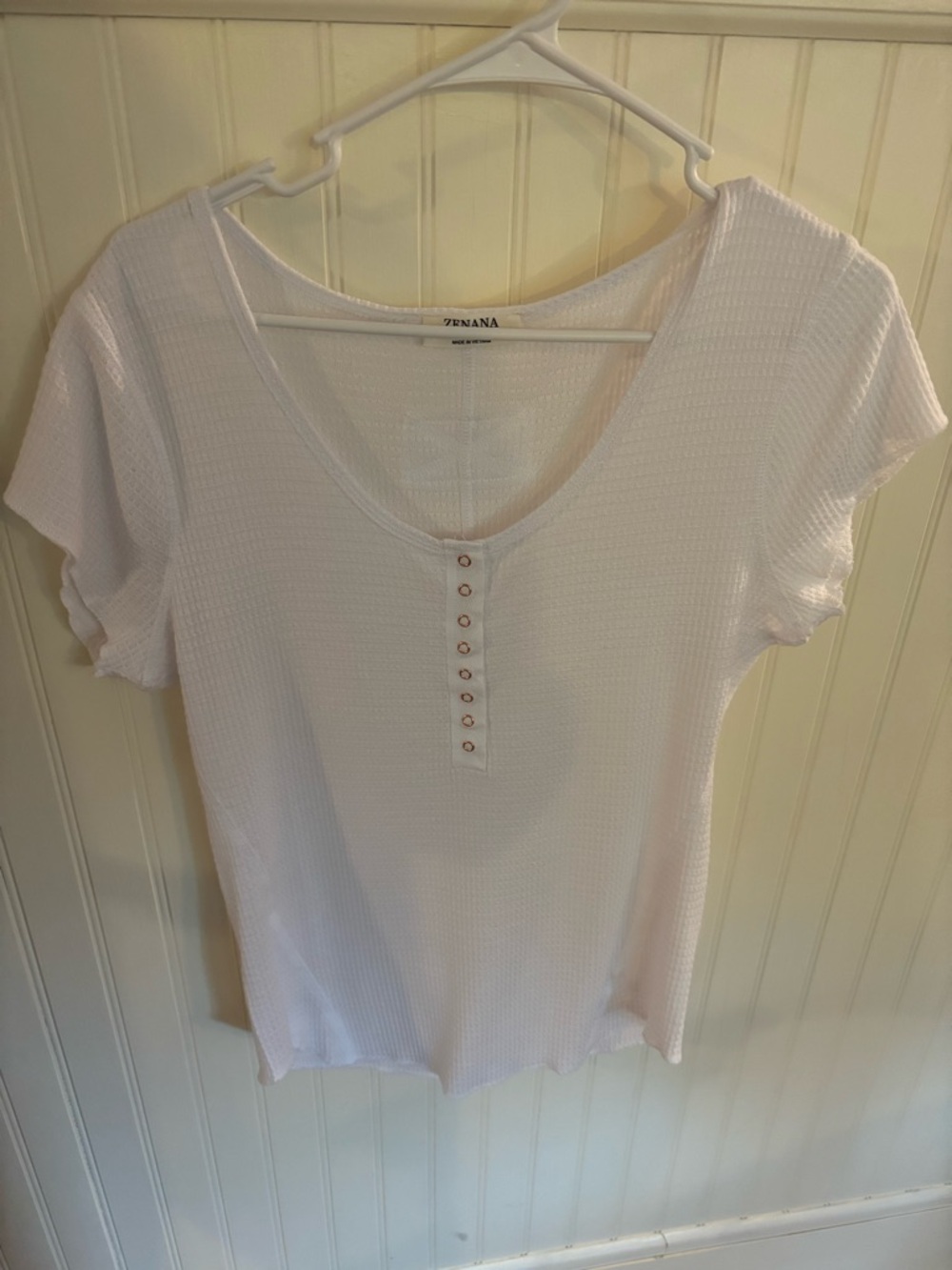Zenana Outfitters White Short Sleeve Henley Tee with Button Placket